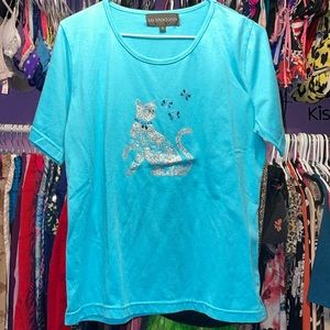 La Madonna silver cat tshirt teal green blue color shirt size small